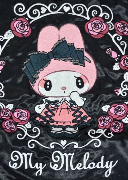 Sanrio My Melody Sweet Lolita Black Pink Bomber Jacket in black pink with My Melody lolita-themed embroidery on satin festival bomber — embroidery detail view