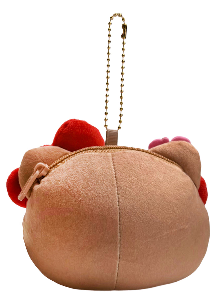 Sanrio Tanned Hello Kitty Hibiscus Face Plush Coin Pouch in brown with tanned Hello Kitty in hibiscus floral design on soft plush coin pouch — back view