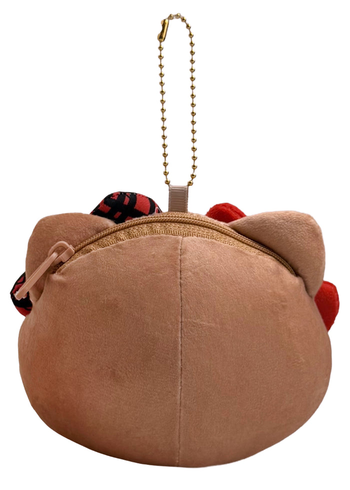 Sanrio Tanned Hello Kitty Student Face Plush Coin Pouch in brown with tanned Hello Kitty in student uniform on soft plush coin pouch — back view