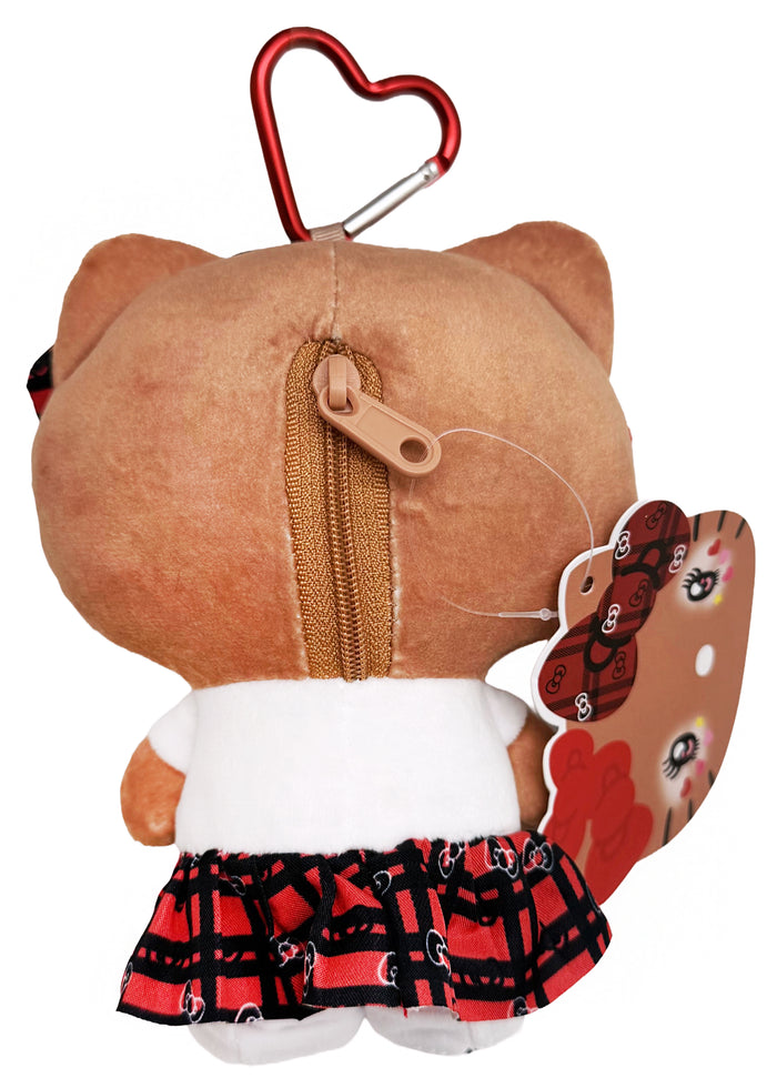 Sanrio Tanned Hello Kitty Student Plush Mascot Carabiner in multi with tanned Hello Kitty in student uniform on plush carabiner rave accessory — back view