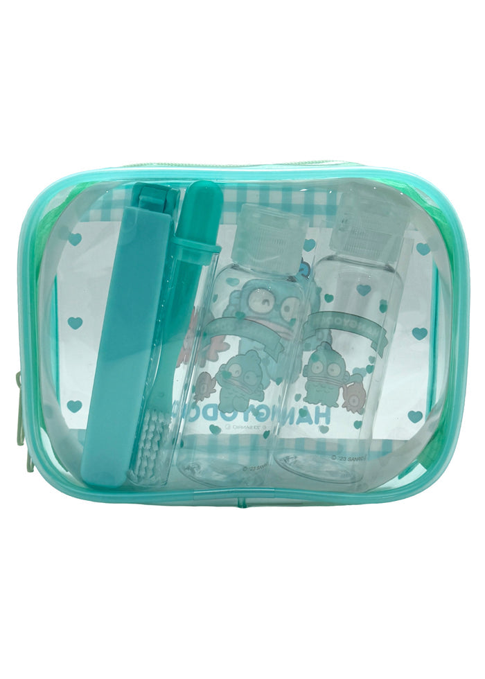 Sanrio X Skater Hangyodon 5PC Travel Set in aqua with Hangyodon travel accessories set including pouches and travel containers — back view