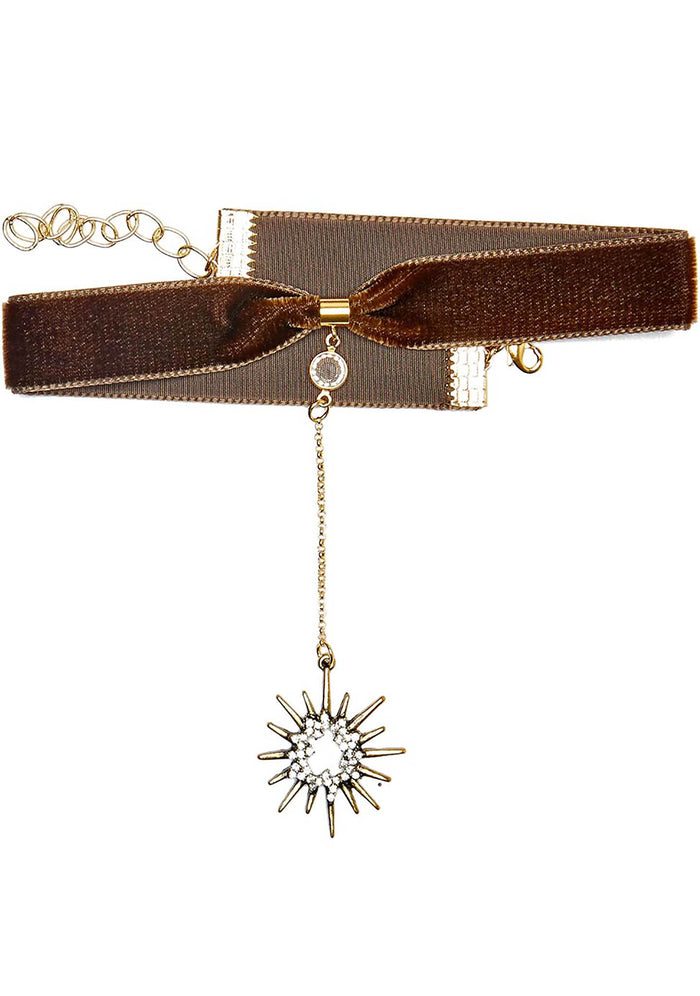 Frasier Sterling Saturday Night Fever Starburst Choker in olive with velvet band and gold plated starburst pendant on festival choker — front view