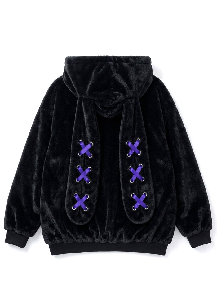 Resham Silence Bunny Ear Black Purple Faux Fur Oversized Jacket in black with purple lace-up bunny ear hood on jacket — flat lay back