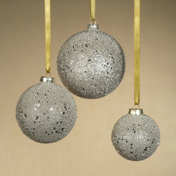 SILVER BEADED GLASS BALL ORNAMENT,4.75"