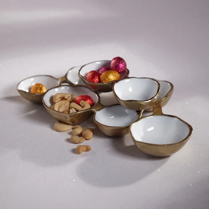 SMALL CLUSTER OF 8 SERVING BOWLS- GOLD W/ WHITE