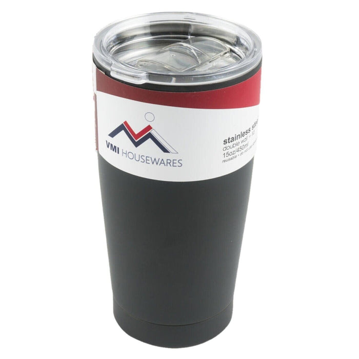 Stainless Steel Double Wall Insulated Mug 15oz Black with Lid BPA Free Reusable