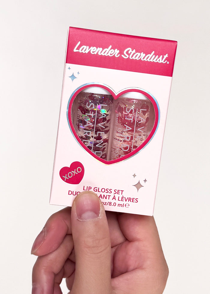 Lavender Stardust Sweetheart Glitter Lip Gloss 2PC Box Set in pink — model view 2