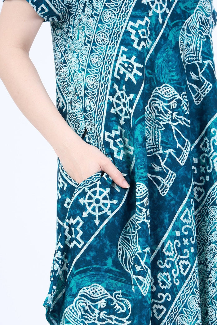 Teal Elephant Fabric Dress with Sleeves and Two Pockets - Lannaclothesdesign Shop