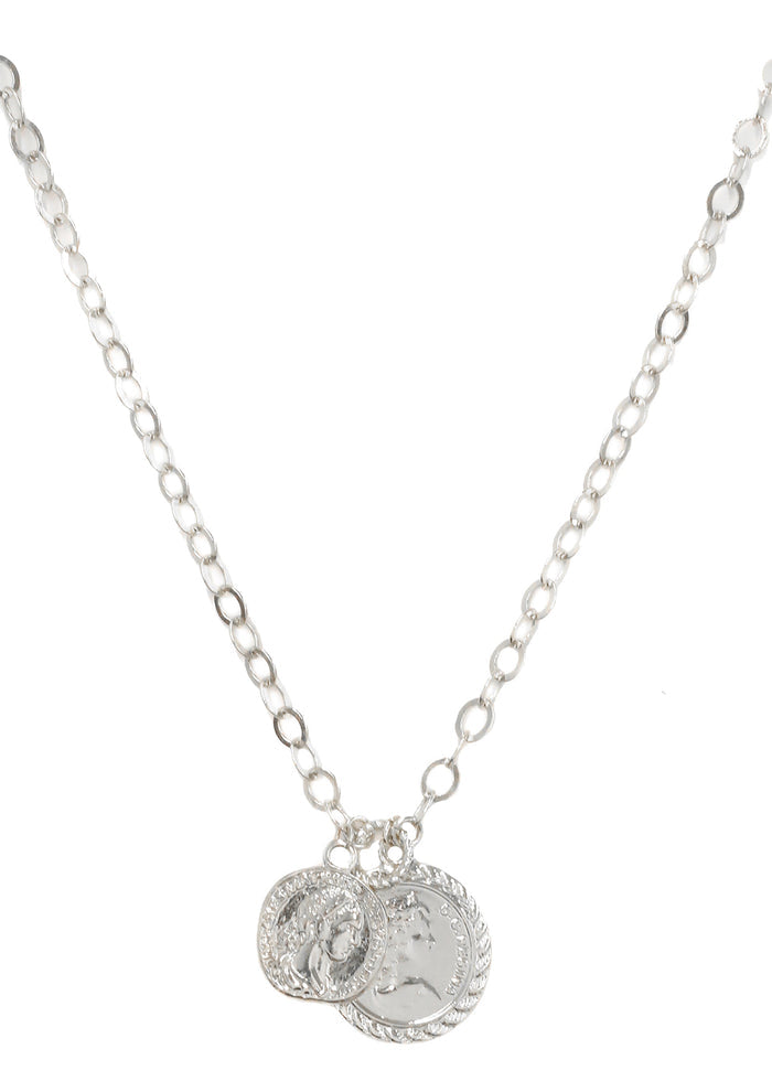 Ettika The Adventurer Double Coin Necklace in silver rhodium with double coin charm detail on festival necklace — front view