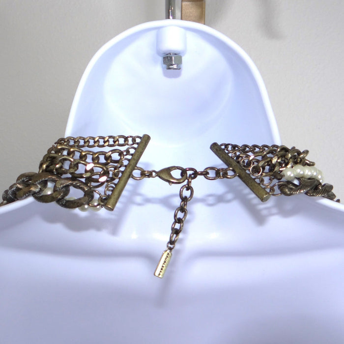 VTG BaubleBar Multi Strand Bib Necklace Faux Pearl Antique Brass Tone Statement1