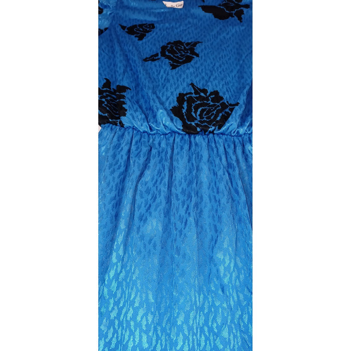 VTG Dress Union Made Blue Black Rose Print Midi Long Sleeve Elastic Waist J Gee6