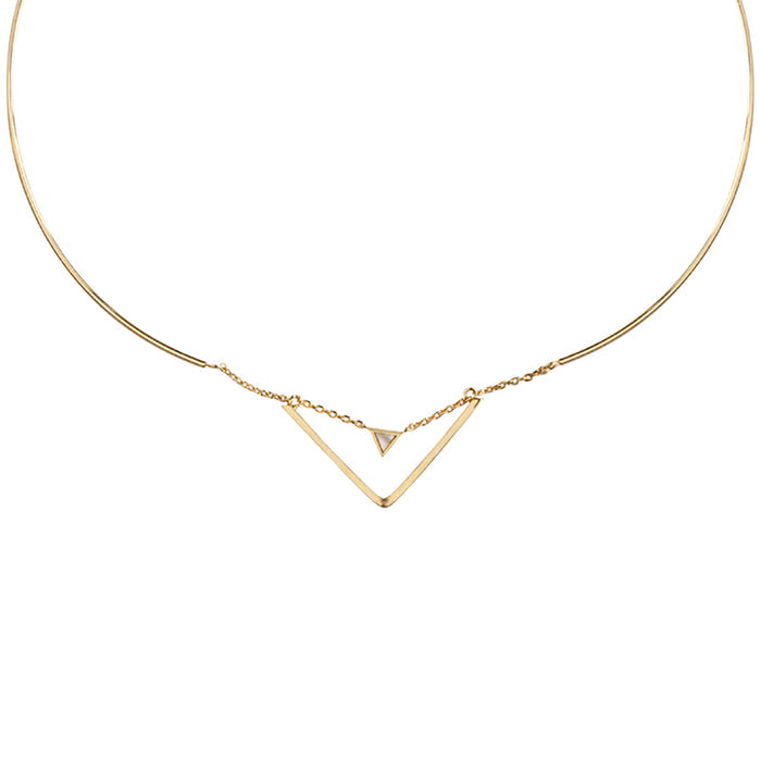 Wanderlust + Co Astrid Choker in gold with suspended triangular pendant and rose quartz gemstone on 14k gold plated festival choker — pendant detail view