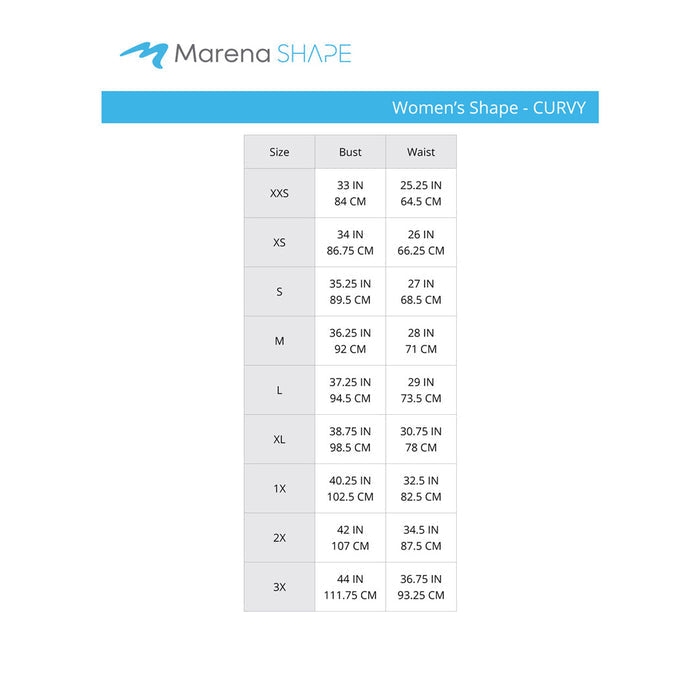 Marena Shape Women's Curvy size chart, bust waist point of measure