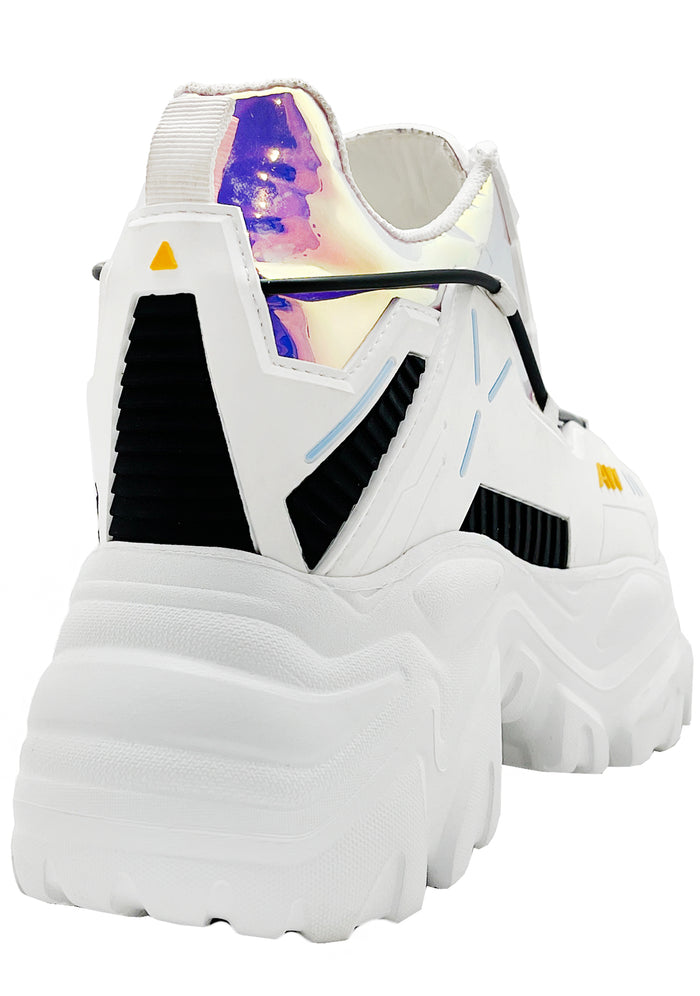 Close-up on-foot view of Anthony Wang X LASR Exclusive Watermelon 04 Cybernetic white platform sneakers emphasizing the flexible technical design, intricate side panel textures, and street-style aesthetic