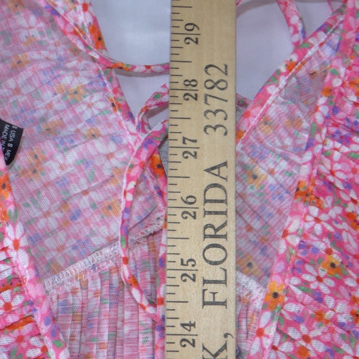 Zara Pink Floral Pleated Puff Sleeve Mini Dress V Neck Tie Back Small4