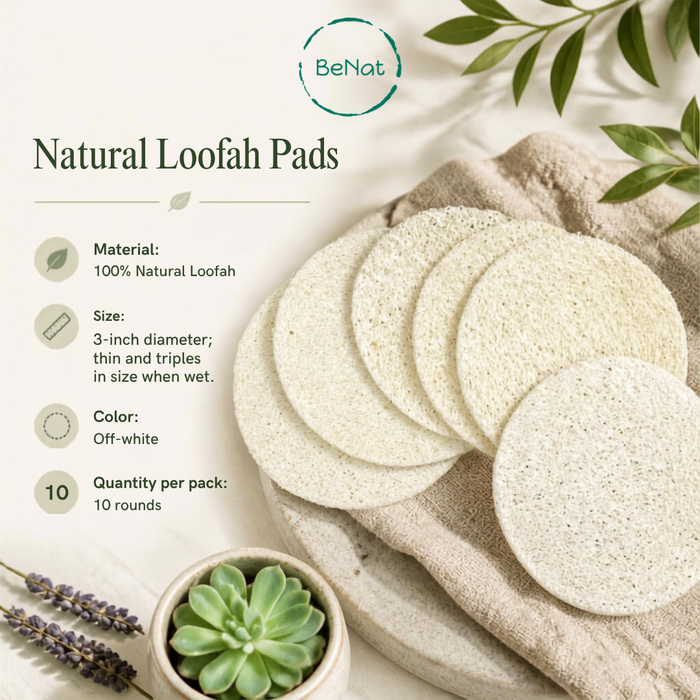 Feature of BeNat 10-Pack Natural Loofah Pads packaging with biodegradable round exfoliating sponges