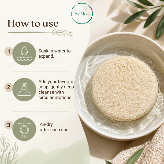 How to use BeNat 10-Pack Natural Loofah Pads packaging with biodegradable round exfoliating sponges