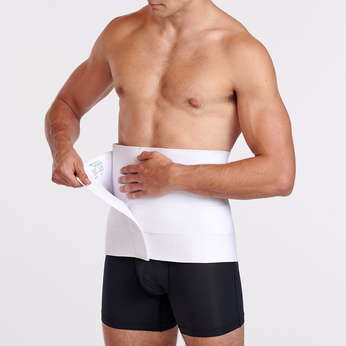 Marena Recovery style AB4F7 abdominal binder shown from the front with male model opening the binder.