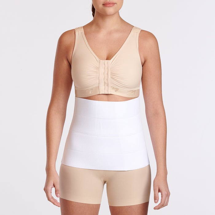 Marena Recovery style AB4F7 abdominal binder shown from the front with female model.