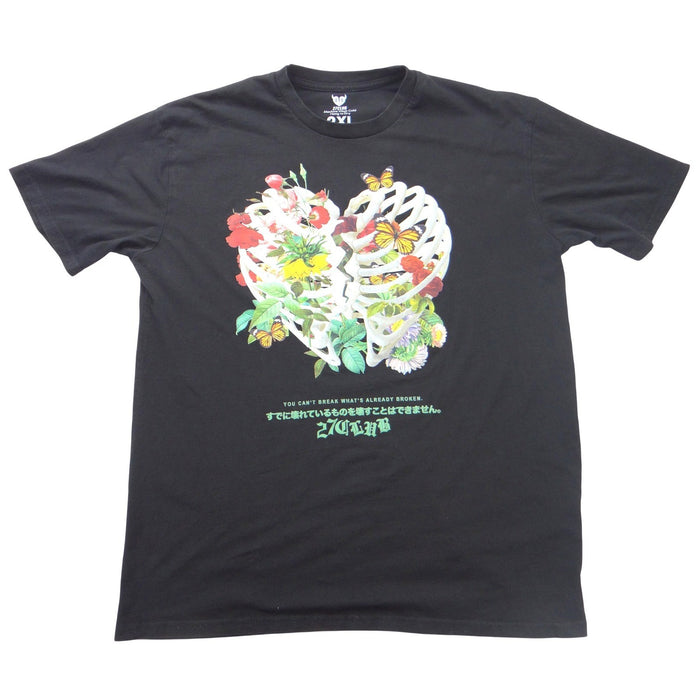 27Club Mens 2XL Black Graphic T Shirt Broken Heart Rib Cage Floral Butterfly0
