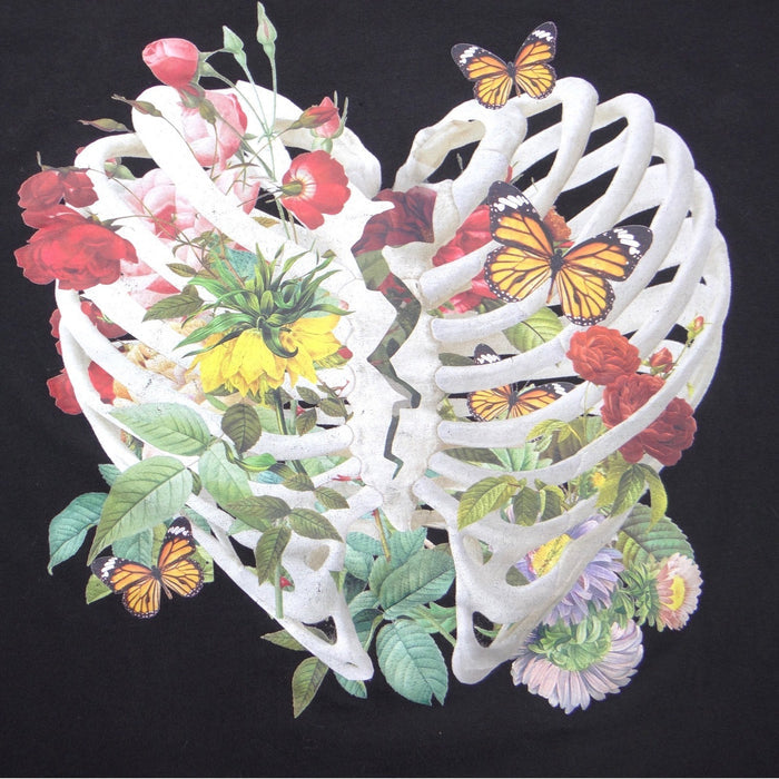 27Club Mens 2XL Black Graphic T Shirt Broken Heart Rib Cage Floral Butterfly3