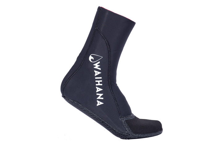 Black neoprene Waihana Essentials High Top dive sock with white Waihana logo on the side and textured rubber sole, displayed on a white background.