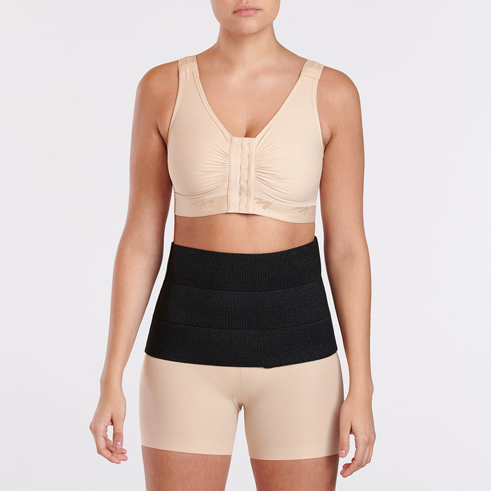 Marena Recovery style AB3 abdominal binder front view, show in black on female model.