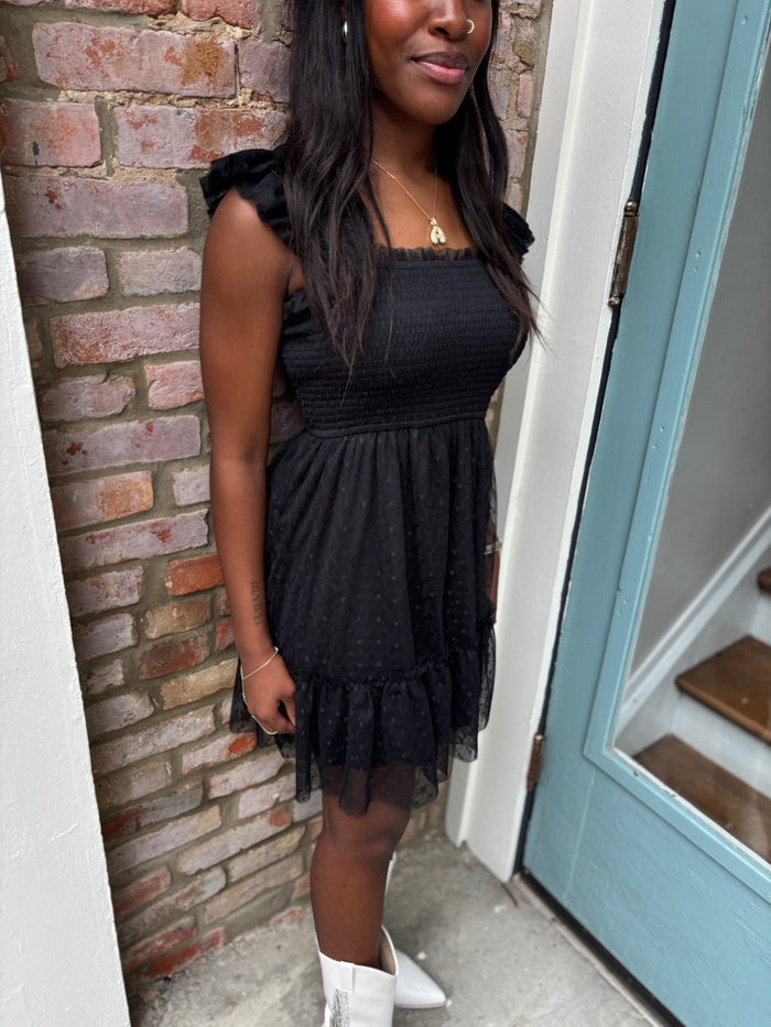 POLKA DOT CHIFFON SMOCKED RUFFLE DETAIL MINI DRESS