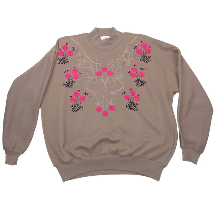 Adolfo Sport Vintage Mock Neck Sweatshirt Taupe Pink Floral Embroidered Medium0