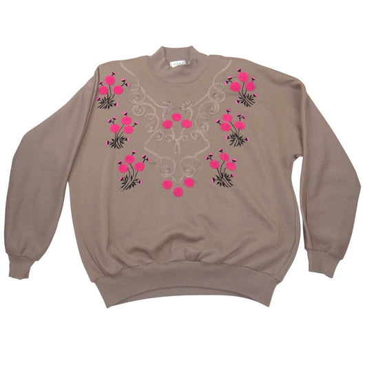 Adolfo Sport Vintage Mock Neck Sweatshirt Taupe Pink Floral Embroidered Medium0