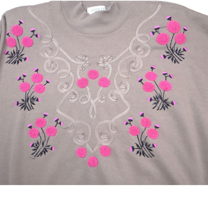 Adolfo Sport Vintage Mock Neck Sweatshirt Taupe Pink Floral Embroidered Medium3