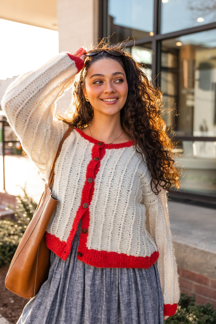 Agnes Mohair Cardigan in Natural White and Red