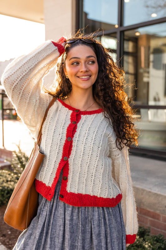 Agnes Mohair Cardigan in Natural White and Red