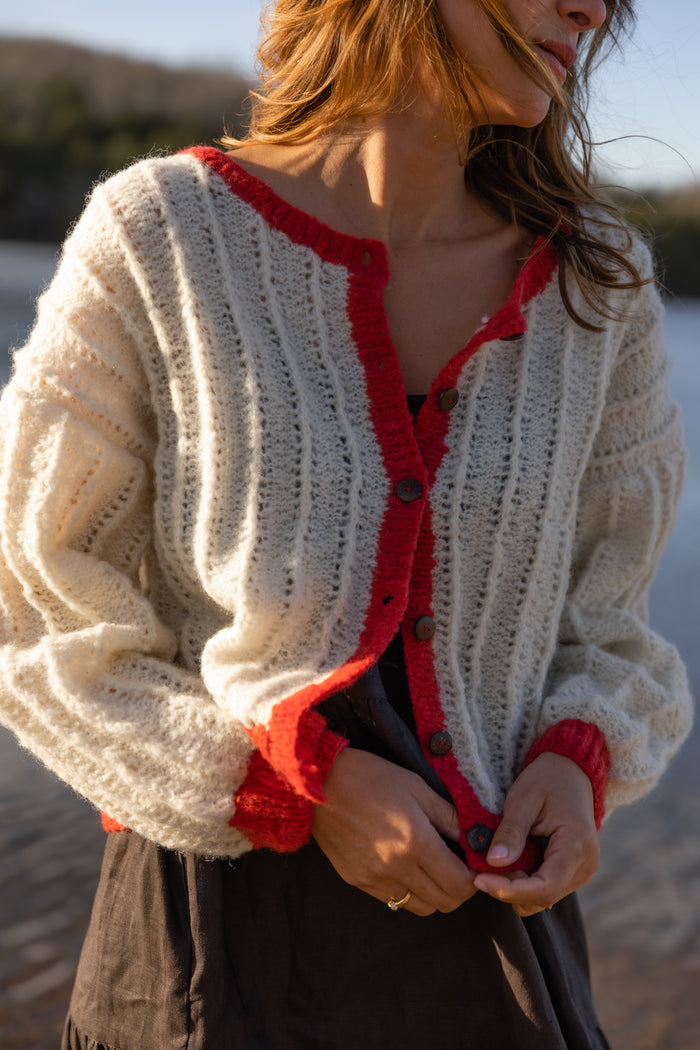 Agnes Mohair Cardigan in Natural White and Red