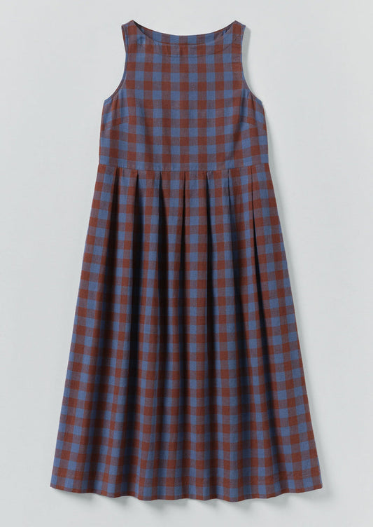 Aila Mineral Check Linen Cotton Dress | Brown Ochre/Dark Cornflower