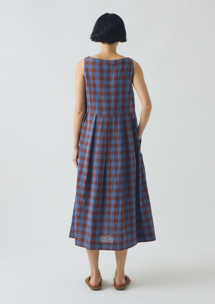 Aila Mineral Check Linen Cotton Dress | Brown Ochre/Dark Cornflower