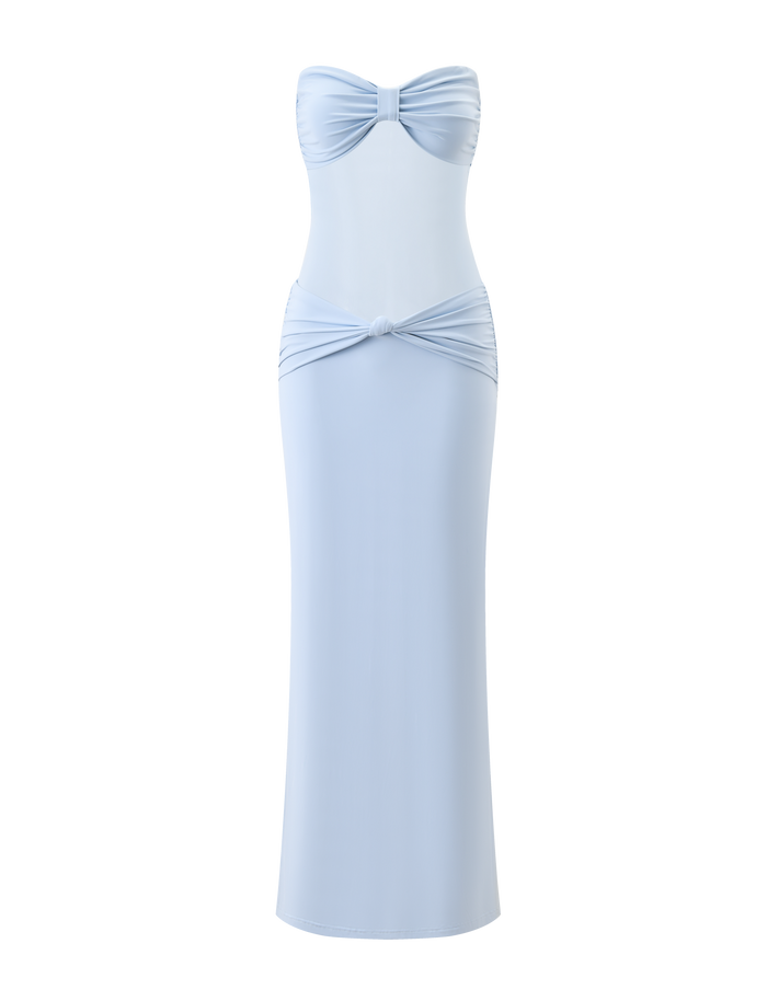 The AIYANNA MAXI DRESS by TIGERMIST is a light blue, strapless maxi with a sweetheart neckline, bow-tie knots at the bust and hips, a fitted silhouette, and an ankle-length hem.