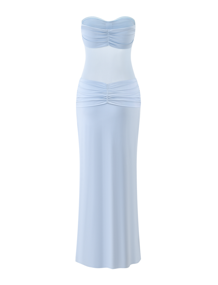 The TIGERMIST AIYANNA MAXI DRESS in light blue is a strapless maxi dress with a sweetheart neckline and ruched detailing at the bust and waist, shown on a white background.