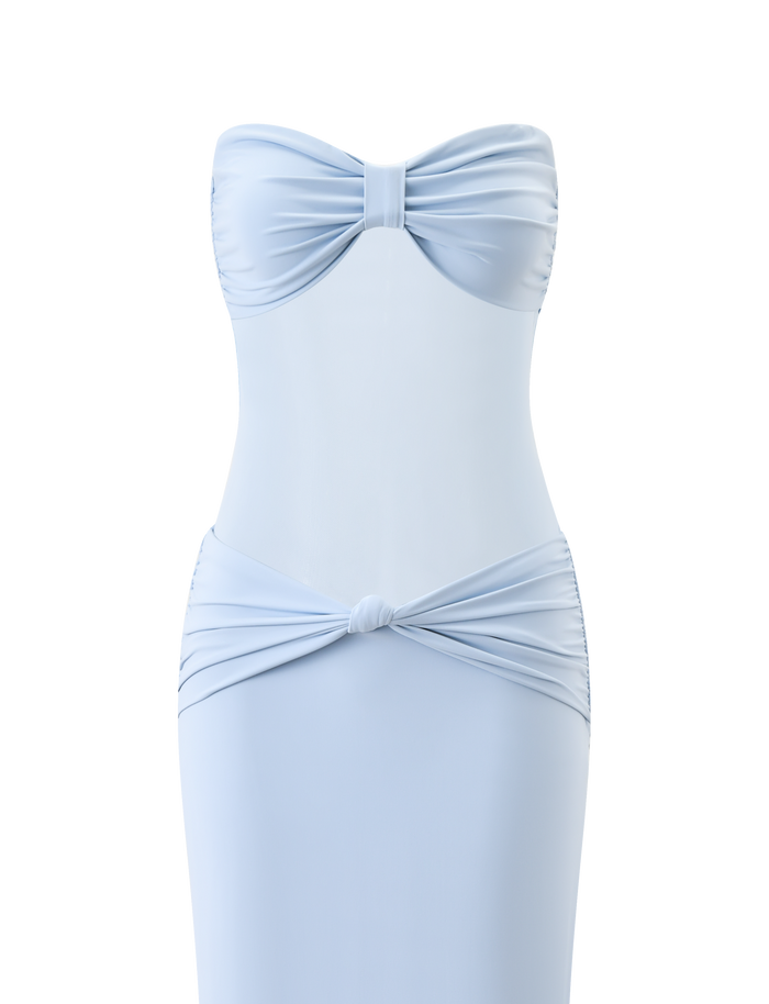 The TIGERMIST AIYANNA MAXI DRESS in light blue is a strapless maxi dress with a fitted bodice, gathered fabric, and bow-tie knot details at the bust and hips, shown against a plain white background.