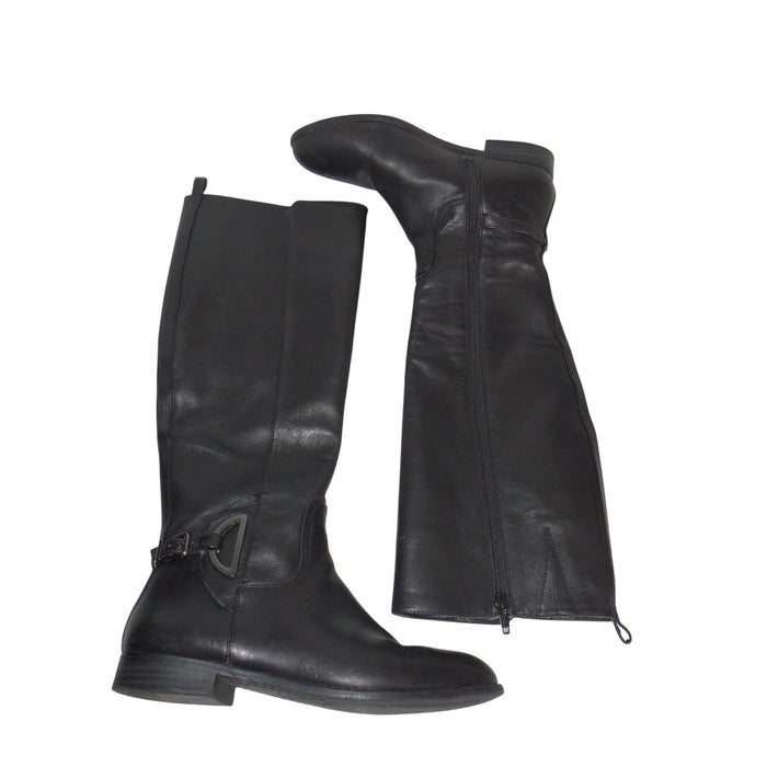 Alex Marie Black Leather Tall Riding Boots Knee High Low Heel Buckle Size 6M0