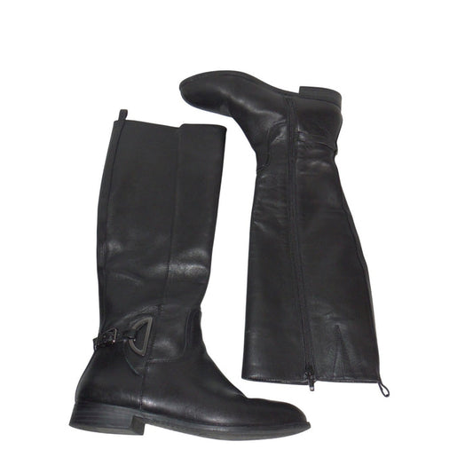 Alex Marie Black Leather Tall Riding Boots Knee High Low Heel Buckle Size 6M0