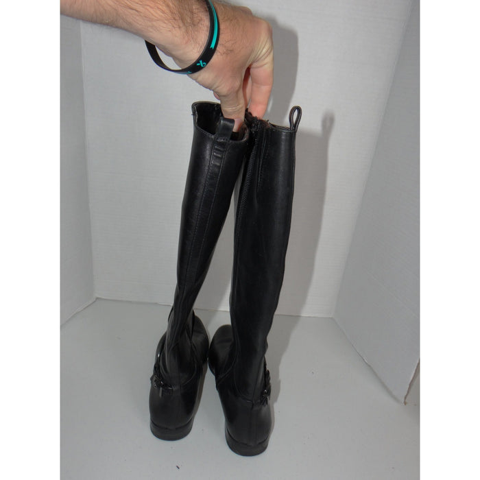 Alex Marie Black Leather Tall Riding Boots Knee High Low Heel Buckle Size 6M2
