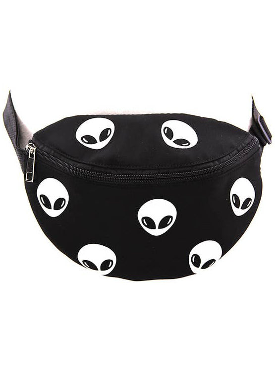 Sleepyville Critters Alien Glow in the Dark AOP Belt Bag in black multi with all-over alien head print with glow-in-the-dark effect on rave festival fanny pack — front view