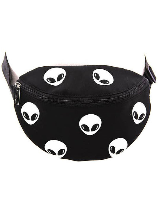Sleepyville Critters Alien Glow in the Dark AOP Belt Bag in black multi with all-over alien head print with glow-in-the-dark effect on rave festival fanny pack — front view
