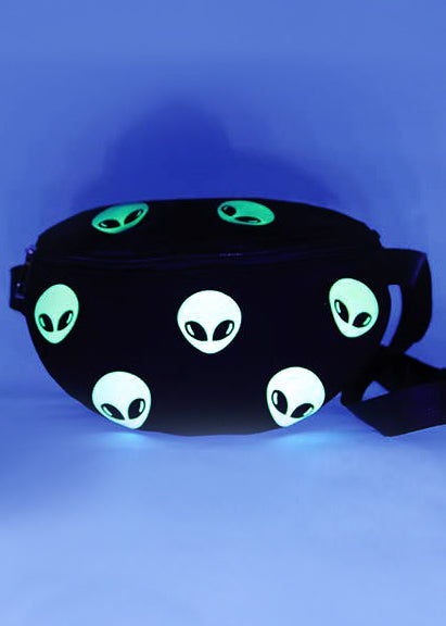 Sleepyville Critters Alien Glow in the Dark AOP Belt Bag in black multi with all-over alien head print with glow-in-the-dark effect on rave festival fanny pack — glow detail view
