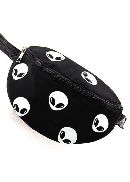 Sleepyville Critters Alien Glow in the Dark AOP Belt Bag in black multi with all-over alien head print with glow-in-the-dark effect on rave festival fanny pack — flat front view