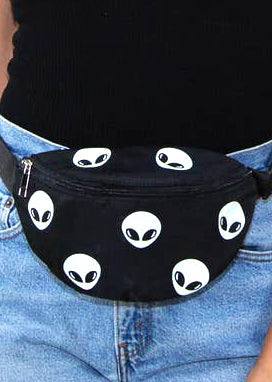 Sleepyville Critters Alien Glow in the Dark AOP Belt Bag in black multi with all-over alien head print with glow-in-the-dark effect on rave festival fanny pack — print detail view