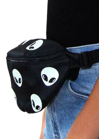 Sleepyville Critters Alien Glow in the Dark AOP Belt Bag in black multi with all-over alien head print with glow-in-the-dark effect on rave festival fanny pack — alien close view