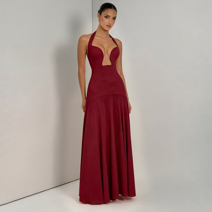 Aneva Halter Neck Fit and Flare Maxi Dress - Burgundy