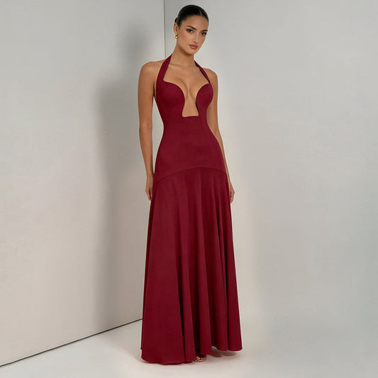 Aneva Halter Neck Fit and Flare Maxi Dress - Burgundy